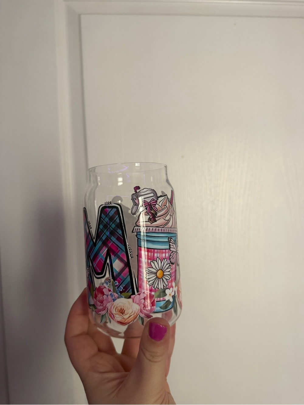 Decorative Floral Mama Accent Glass - Pink and Blue